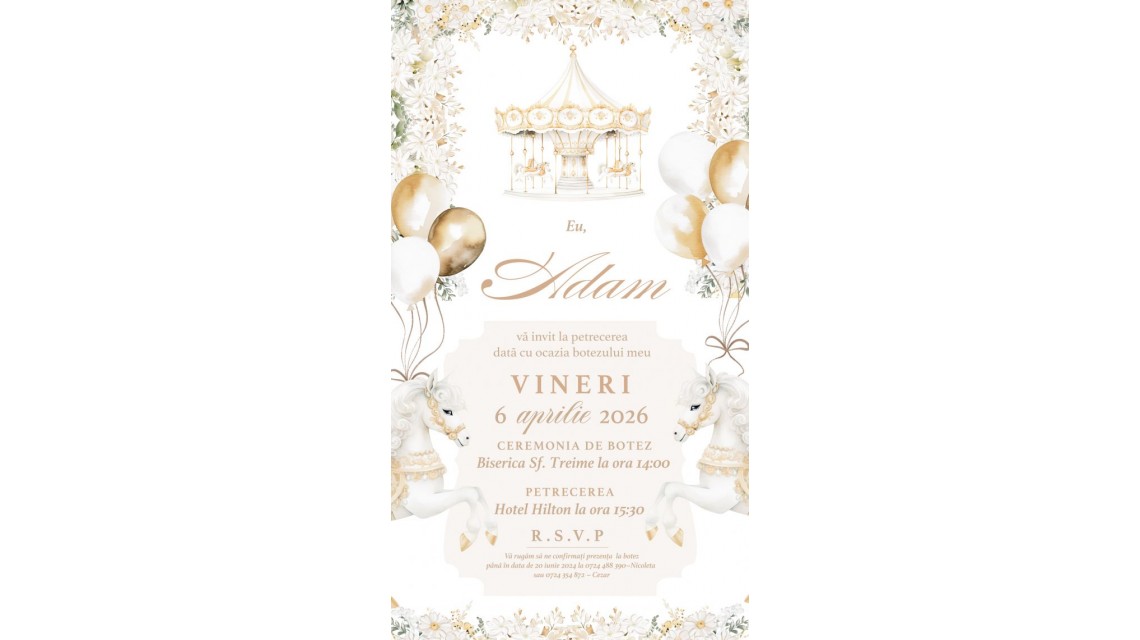 Invitație digitală botez băiețel Carusel alb cu accente gold 1